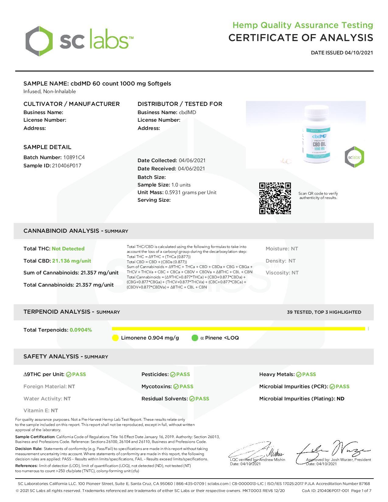 cbdMD 1000mg CBD Softgels - 60 Softgels - Image 2