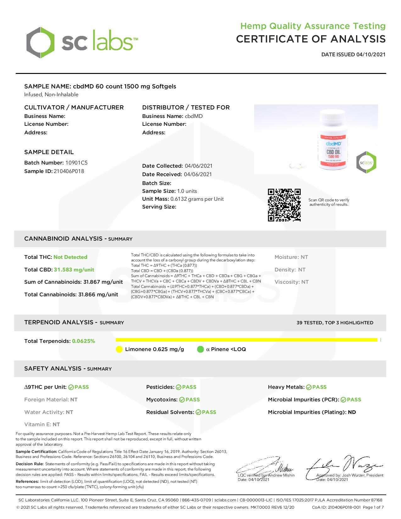 cbdMD 1500mg CBD Softgels - 60 Softgels - Image 2